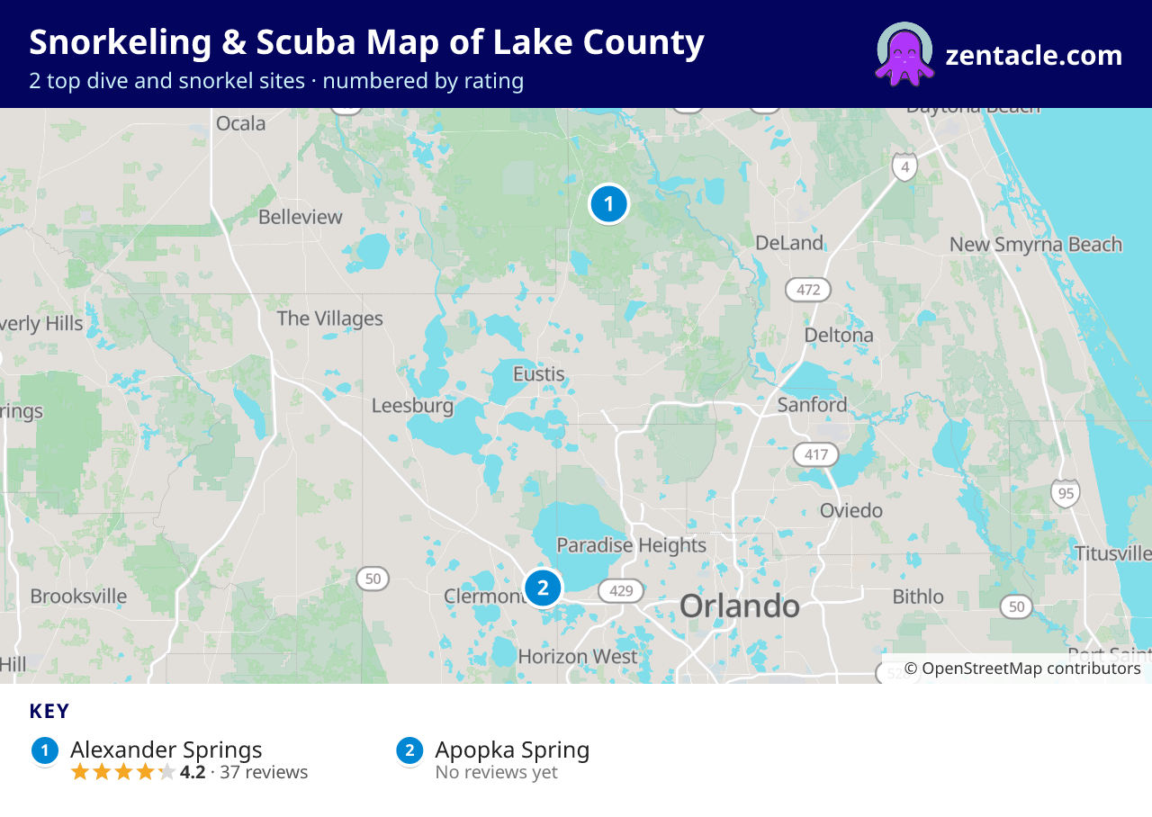 Snorkeling & Scuba Map of Lake County: numbered map of the top 2 dive and snorkel sites, with ratings