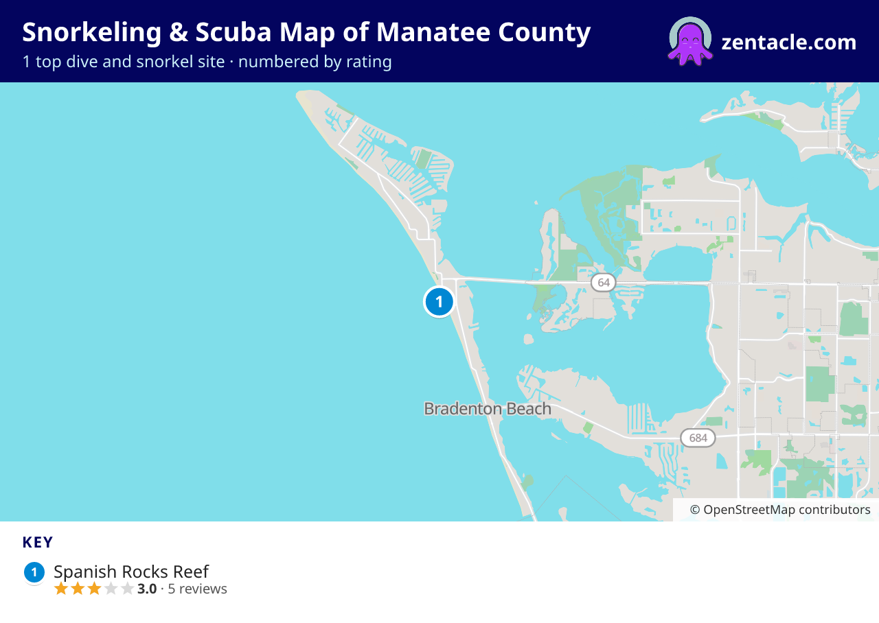 Snorkeling & Scuba Map of Manatee County: numbered map of the top 1 dive and snorkel sites, with ratings