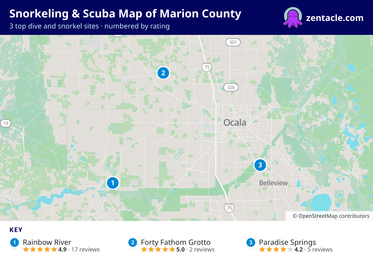 Snorkeling & Scuba Map of Marion County: numbered map of the top 3 dive and snorkel sites, with ratings