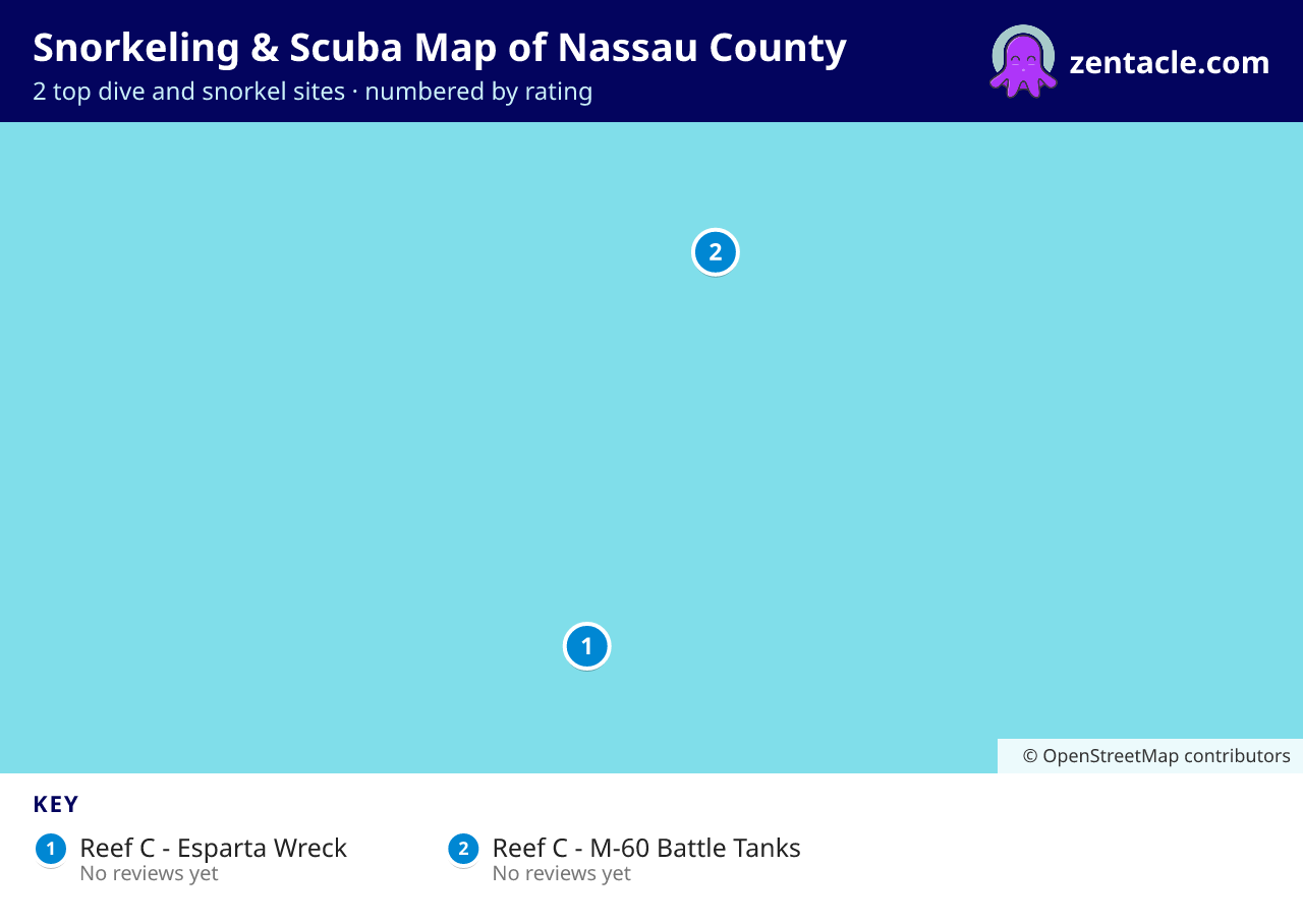 Snorkeling & Scuba Map of Nassau County: numbered map of the top 2 dive and snorkel sites, with ratings