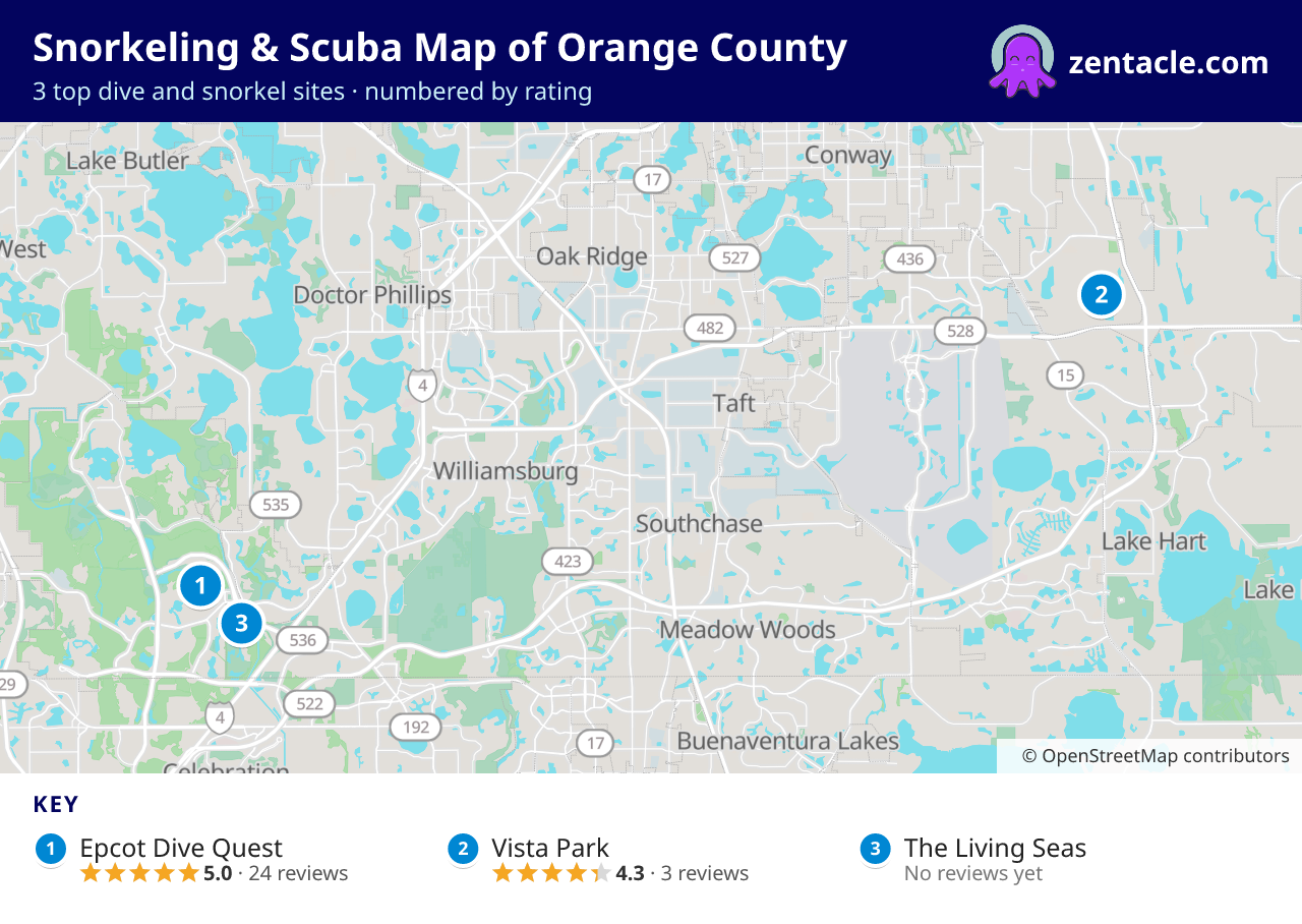 Snorkeling & Scuba Map of Orange County: numbered map of the top 3 dive and snorkel sites, with ratings