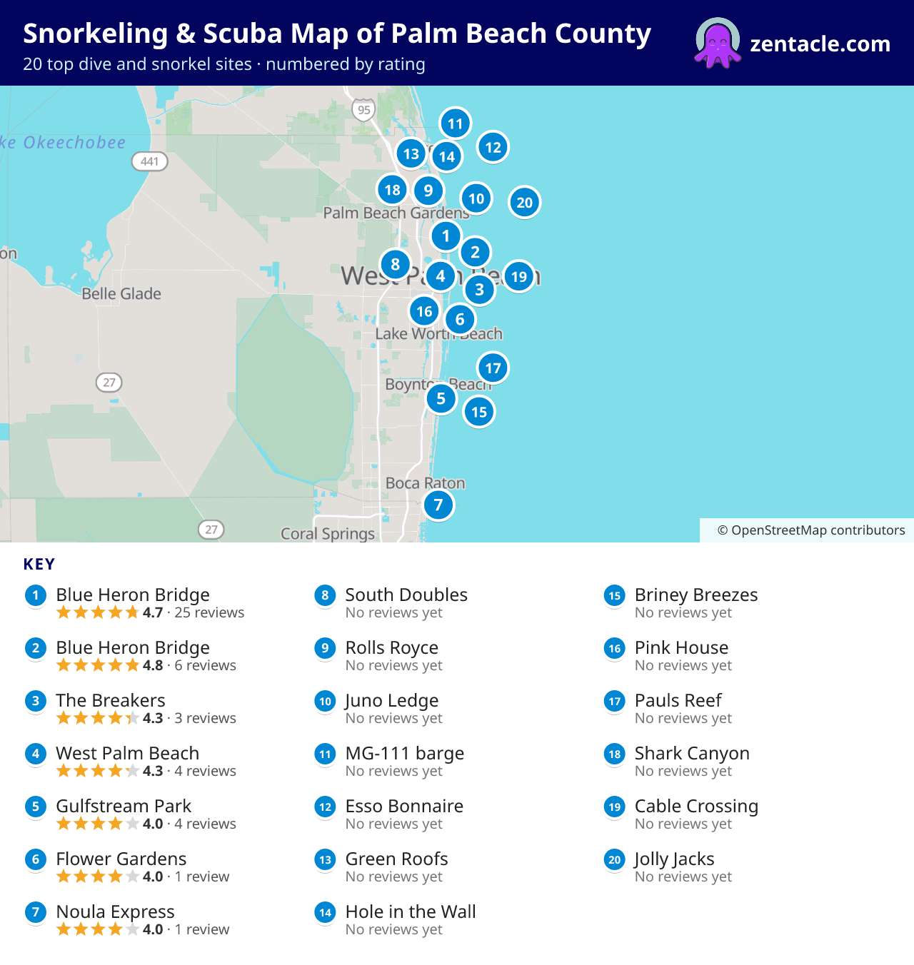 Snorkeling & Scuba Map of Palm Beach County: numbered map of the top 20 dive and snorkel sites, with ratings