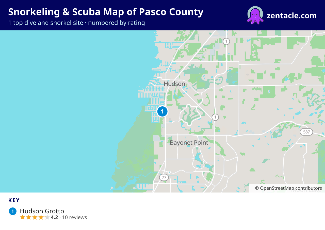 Snorkeling & Scuba Map of Pasco County: numbered map of the top 1 dive and snorkel sites, with ratings