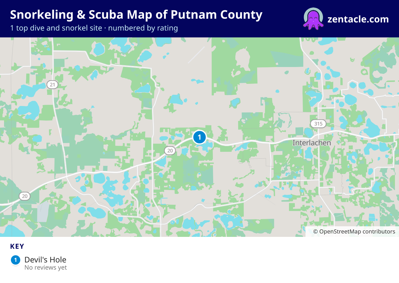 Snorkeling & Scuba Map of Putnam County: numbered map of the top 1 dive and snorkel sites, with ratings