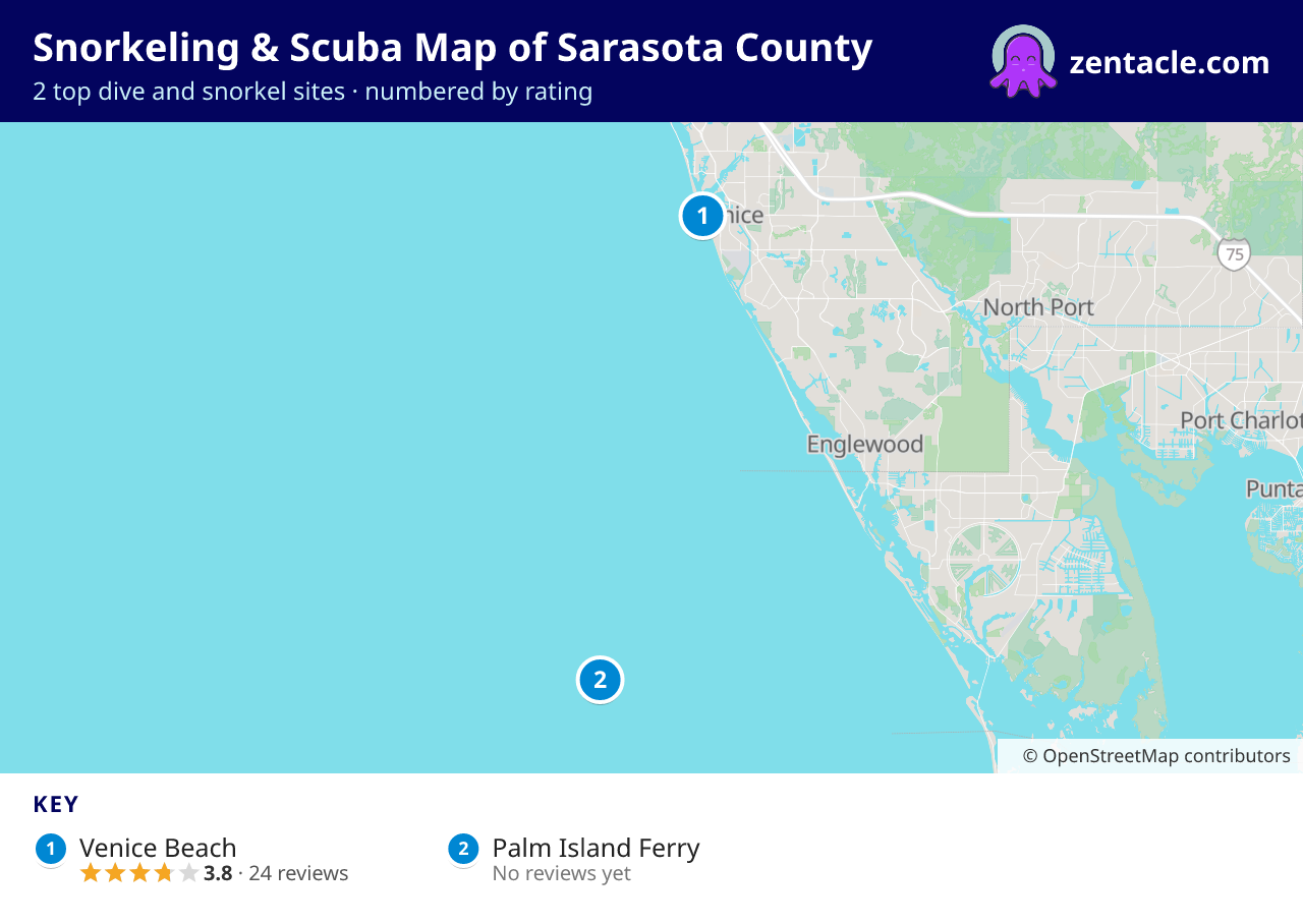 Snorkeling & Scuba Map of Sarasota County: numbered map of the top 2 dive and snorkel sites, with ratings