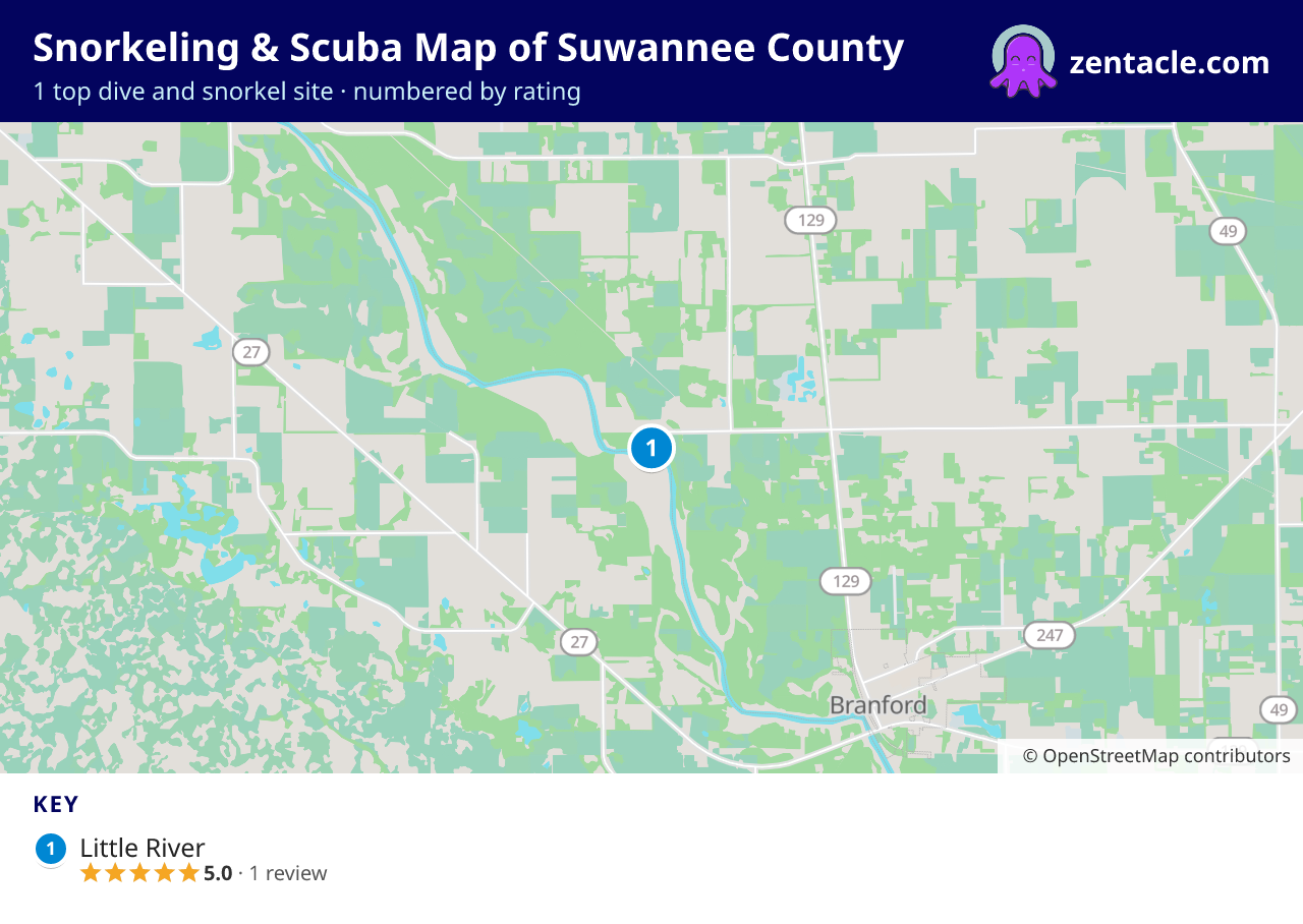 Snorkeling & Scuba Map of Suwannee County: numbered map of the top 1 dive and snorkel sites, with ratings
