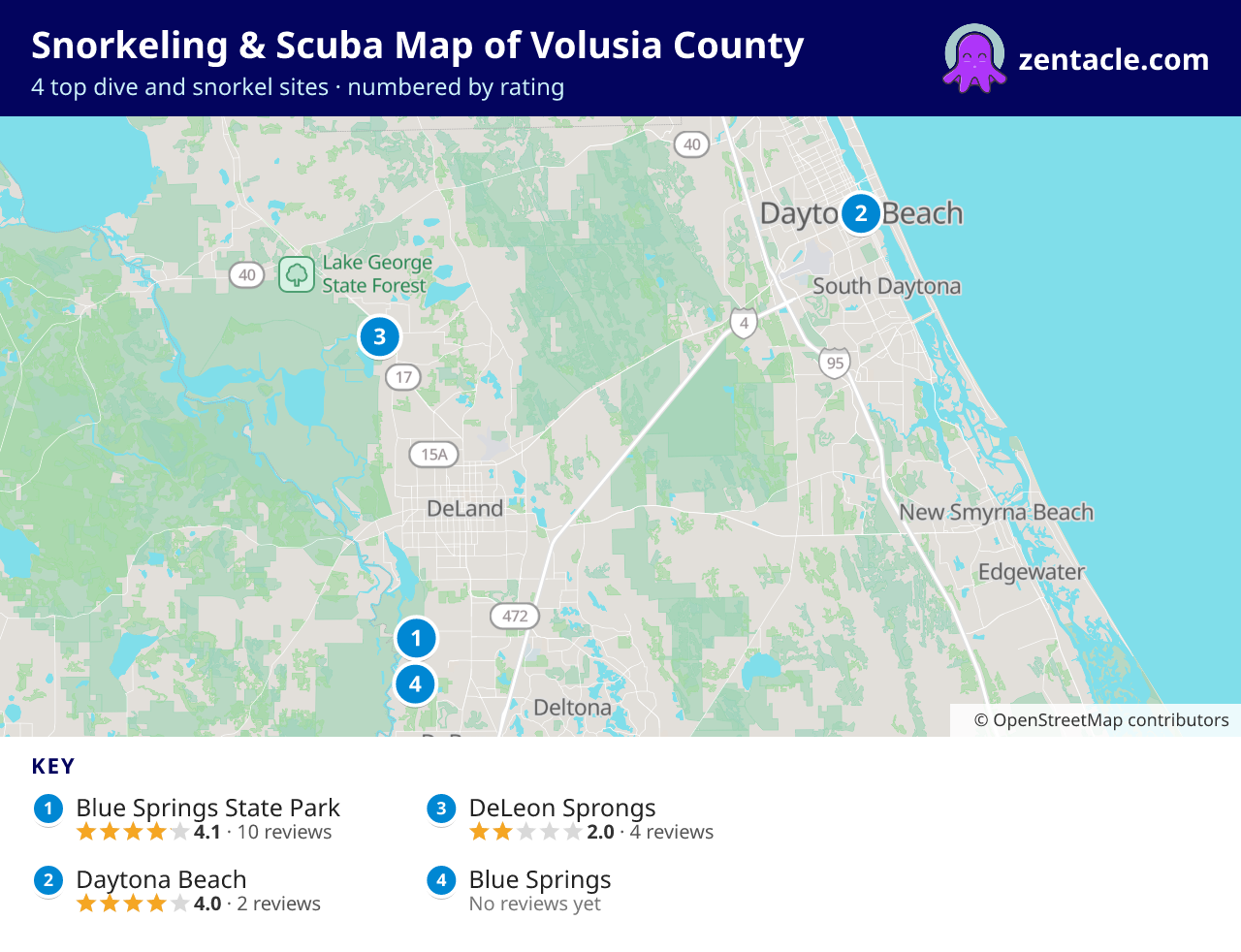 Snorkeling & Scuba Map of Volusia County: numbered map of the top 4 dive and snorkel sites, with ratings
