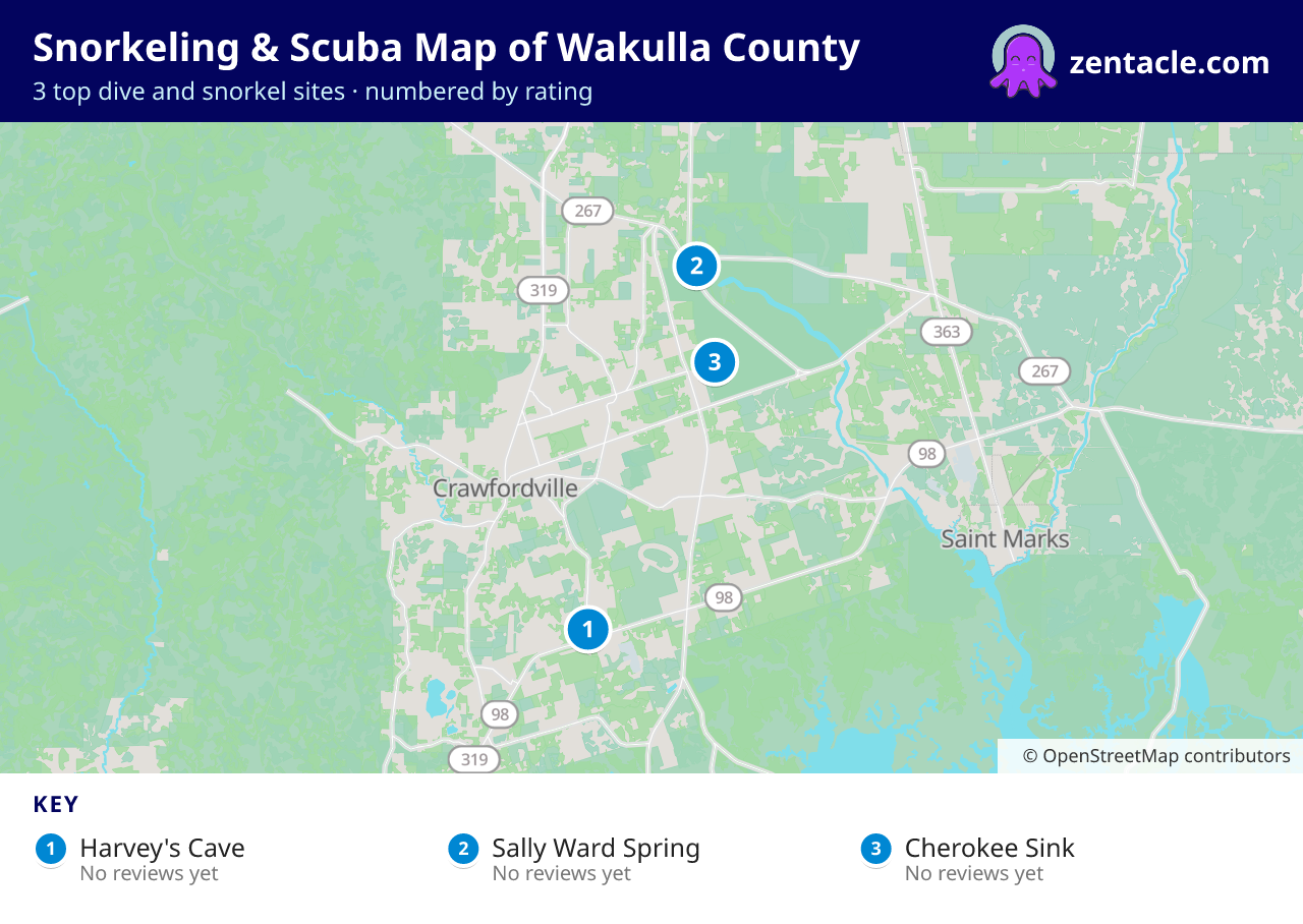 Snorkeling & Scuba Map of Wakulla County: numbered map of the top 3 dive and snorkel sites, with ratings