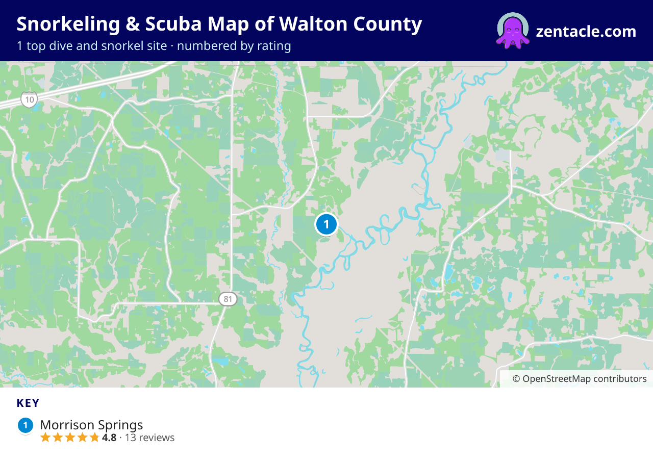 Snorkeling & Scuba Map of Walton County: numbered map of the top 1 dive and snorkel sites, with ratings