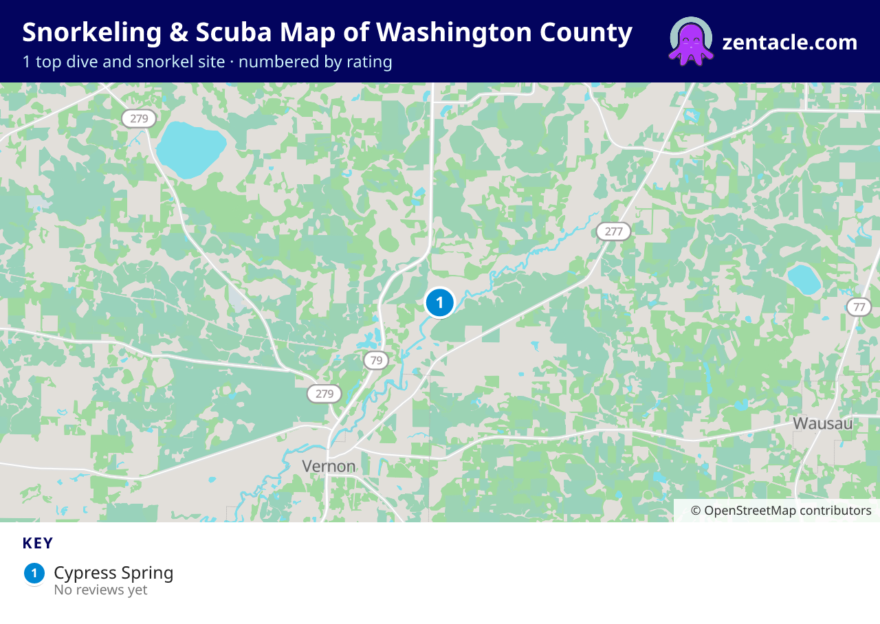 Snorkeling & Scuba Map of Washington County: numbered map of the top 1 dive and snorkel sites, with ratings