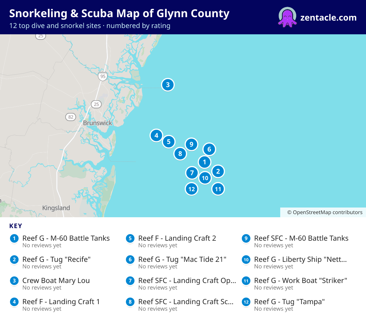 Snorkeling & Scuba Map of Glynn County: numbered map of the top 12 dive and snorkel sites, with ratings