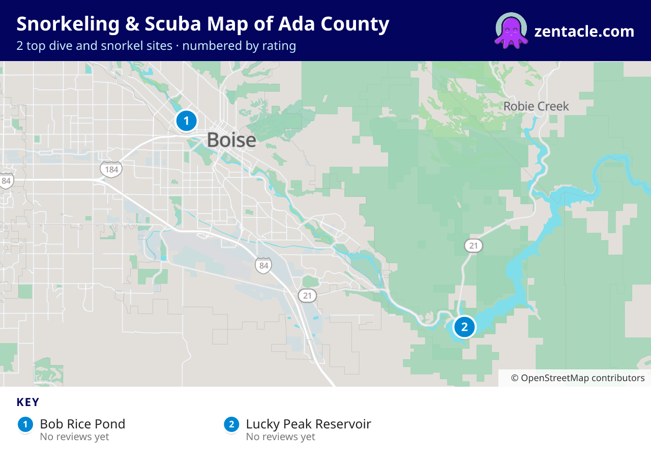 Snorkeling & Scuba Map of Ada County: numbered map of the top 2 dive and snorkel sites, with ratings