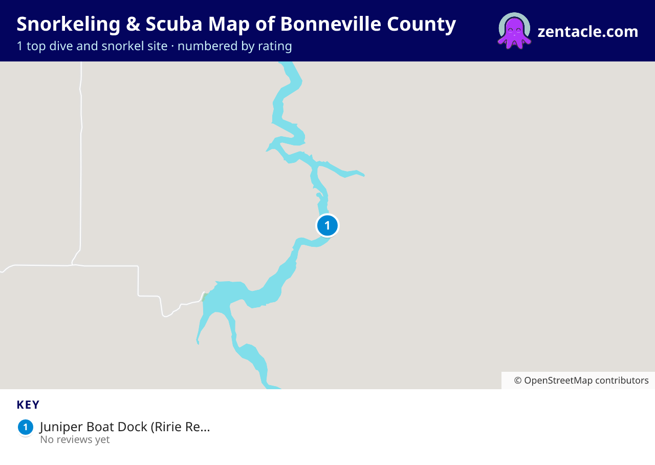 Snorkeling & Scuba Map of Bonneville County: numbered map of the top 1 dive and snorkel sites, with ratings
