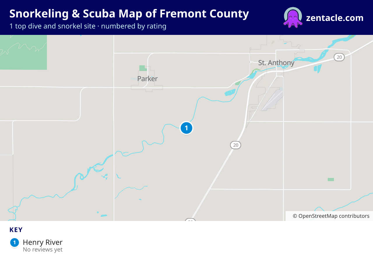 Snorkeling & Scuba Map of Fremont County: numbered map of the top 1 dive and snorkel sites, with ratings