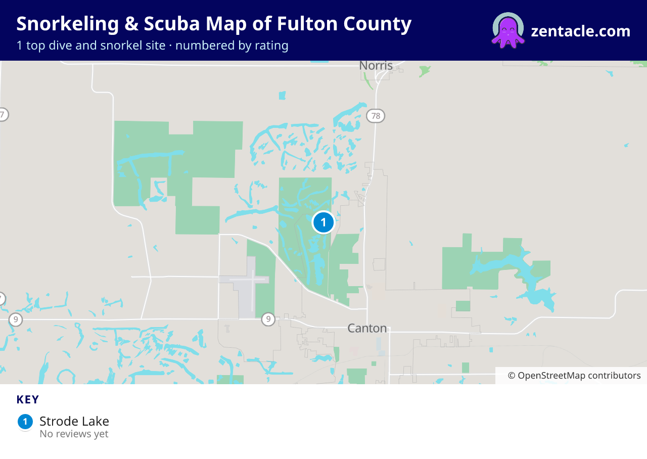 Snorkeling & Scuba Map of Fulton County: numbered map of the top 1 dive and snorkel sites, with ratings