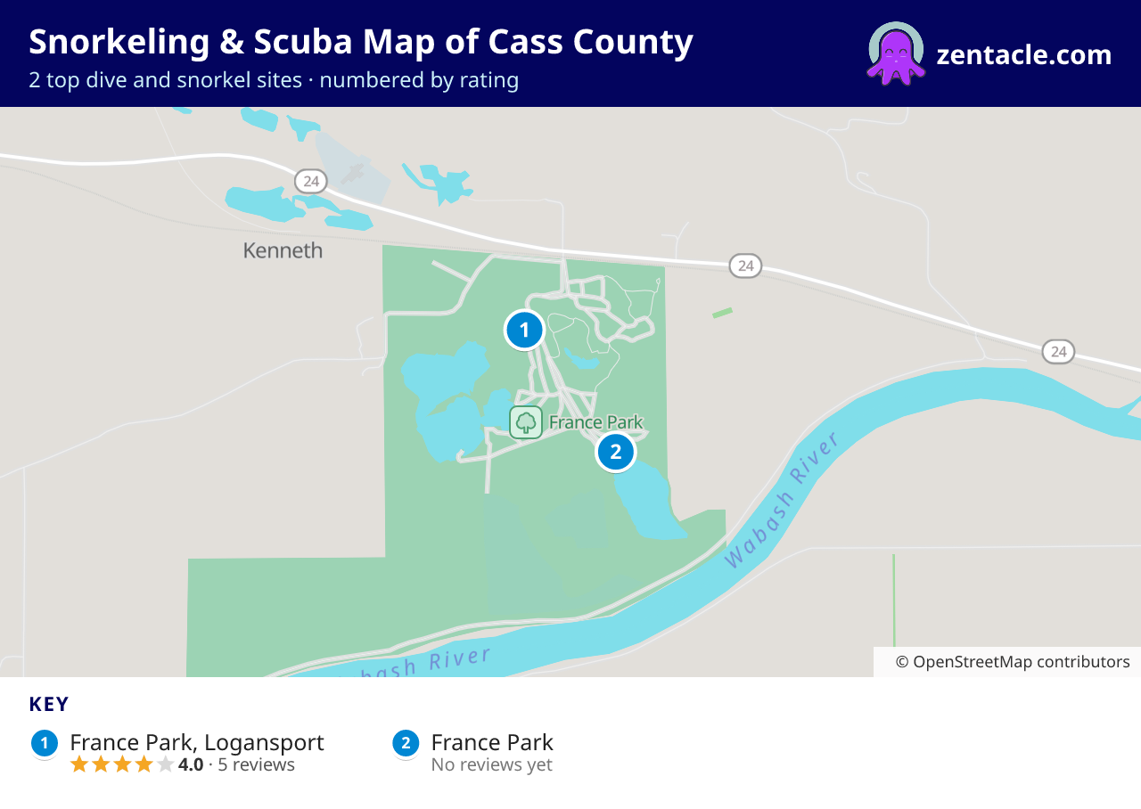 Snorkeling & Scuba Map of Cass County: numbered map of the top 2 dive and snorkel sites, with ratings