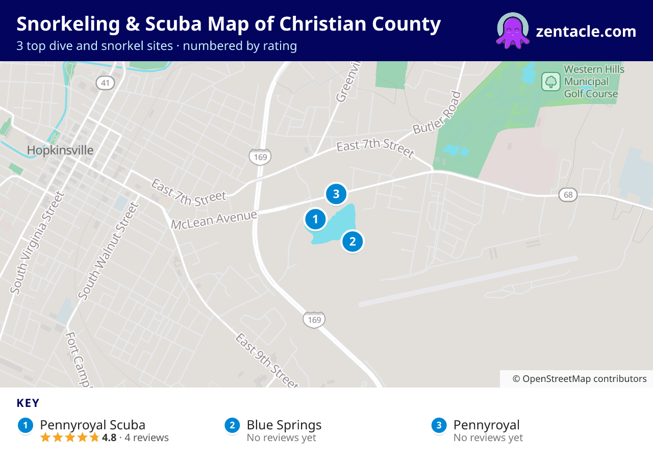 Snorkeling & Scuba Map of Christian County: numbered map of the top 3 dive and snorkel sites, with ratings