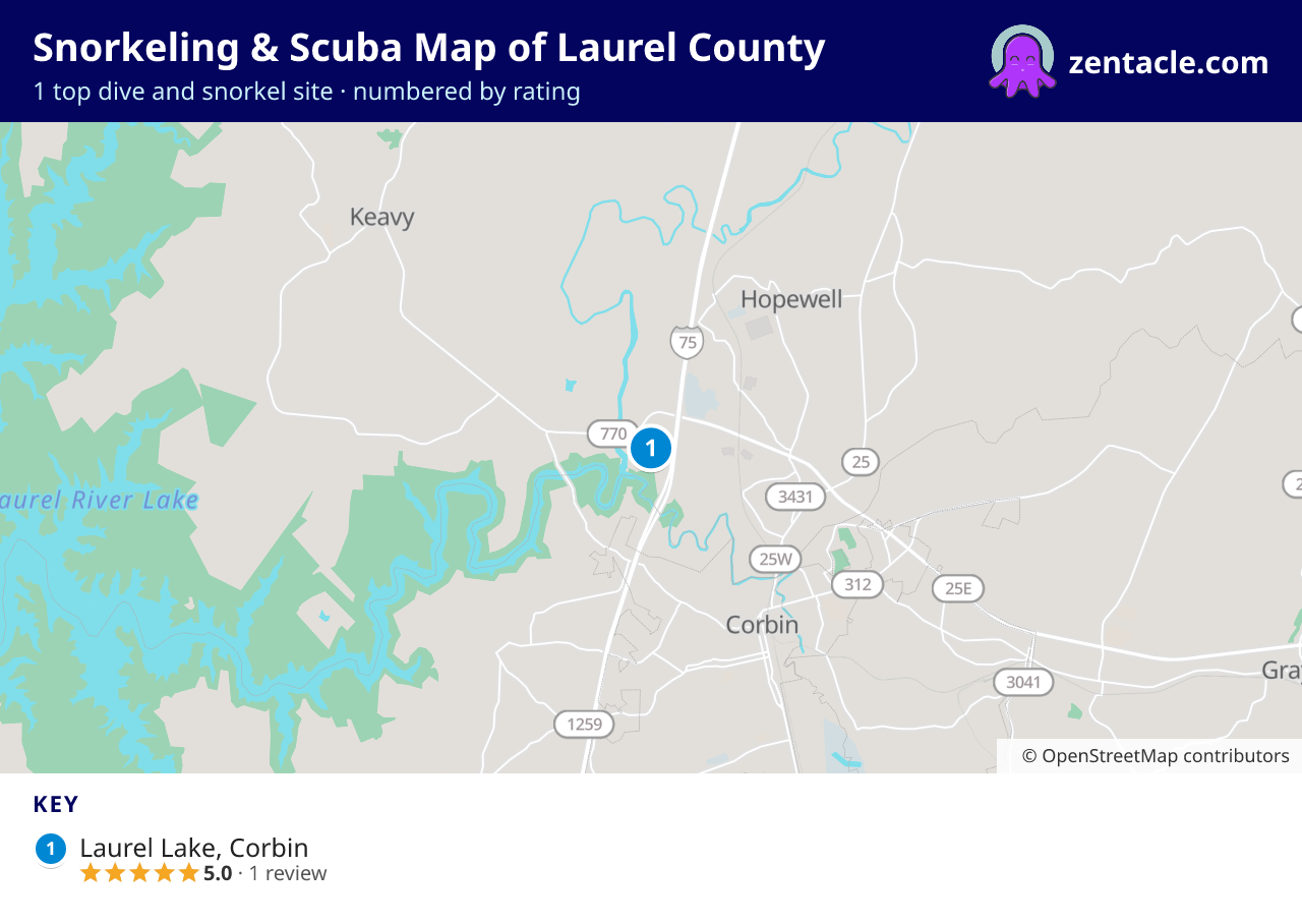 Snorkeling & Scuba Map of Laurel County: numbered map of the top 1 dive and snorkel sites, with ratings