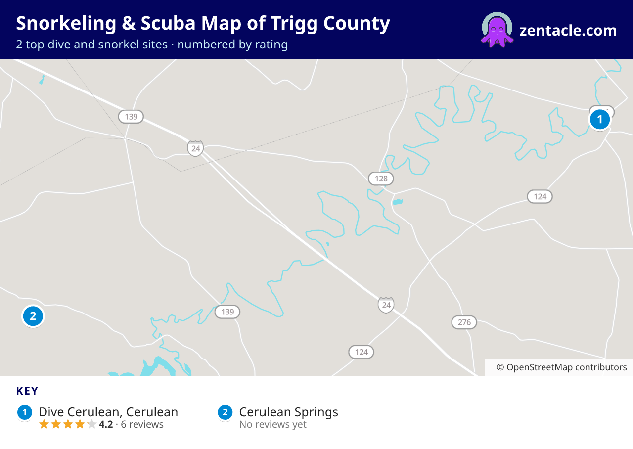Snorkeling & Scuba Map of Trigg County: numbered map of the top 2 dive and snorkel sites, with ratings