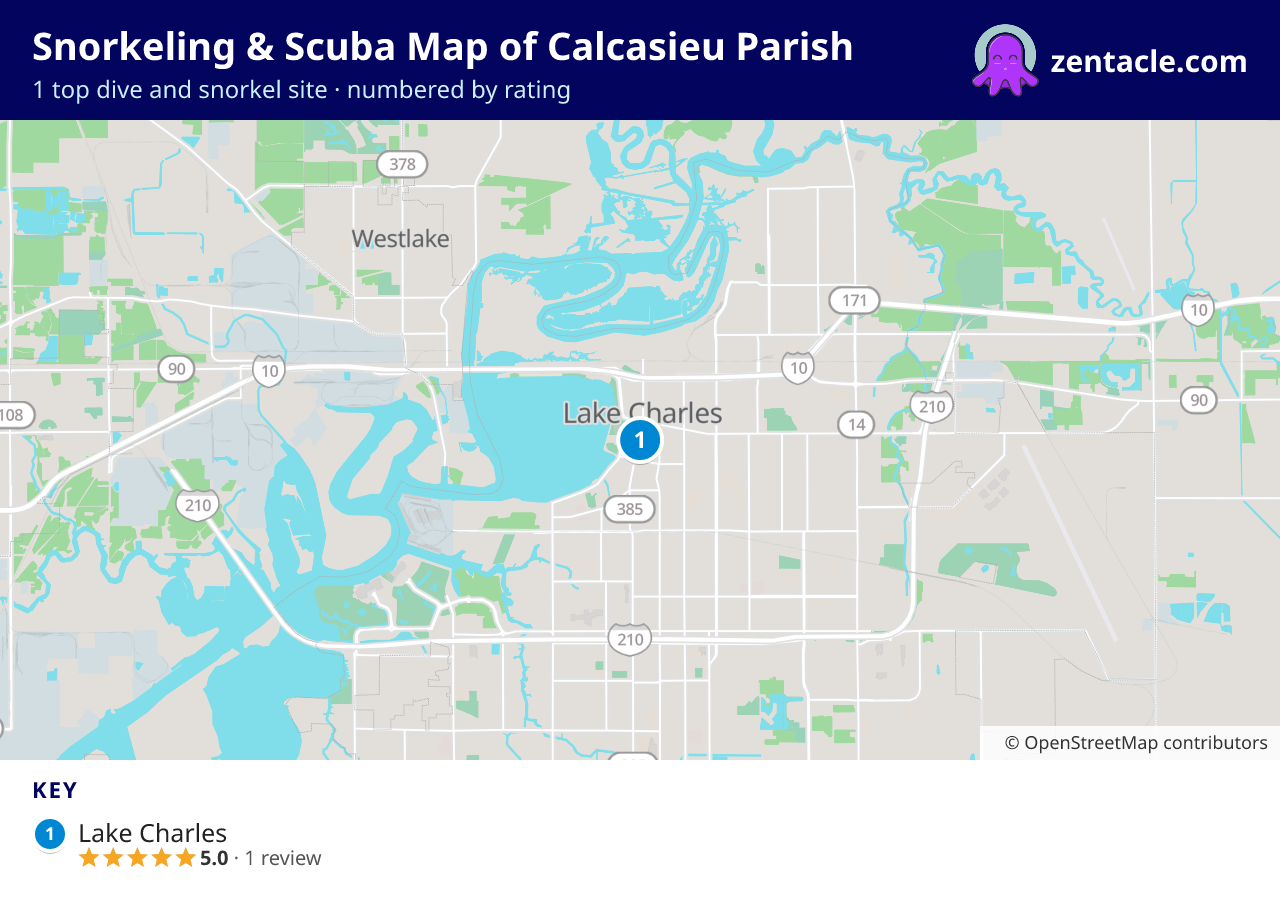 Snorkeling & Scuba Map of Calcasieu Parish: numbered map of the top 1 dive and snorkel sites, with ratings