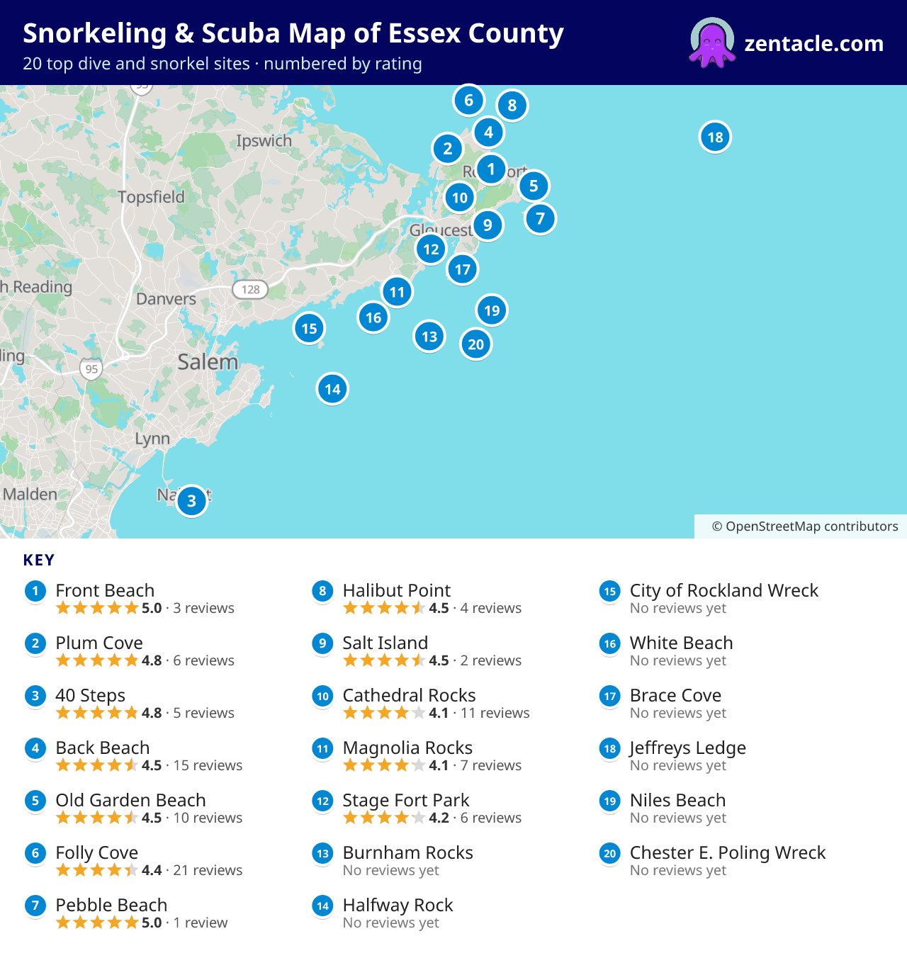 Snorkeling & Scuba Map of Essex County: numbered map of the top 20 dive and snorkel sites, with ratings