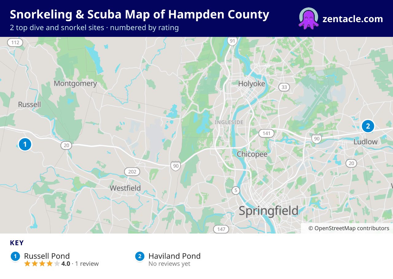 Snorkeling & Scuba Map of Hampden County: numbered map of the top 2 dive and snorkel sites, with ratings