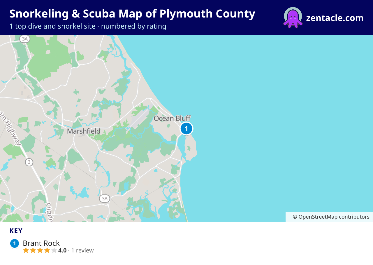 Snorkeling & Scuba Map of Plymouth County: numbered map of the top 1 dive and snorkel sites, with ratings