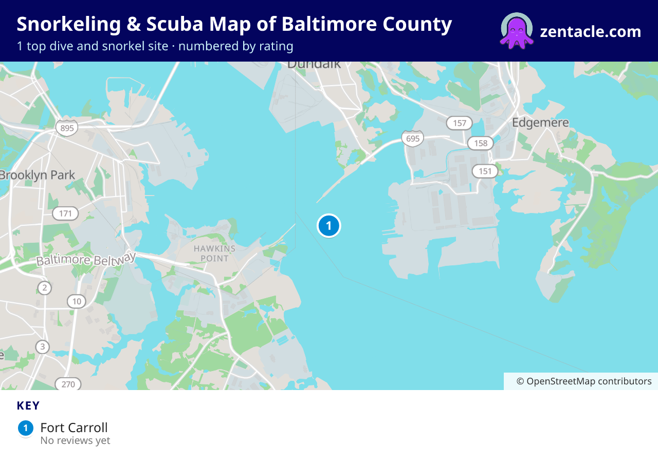 Snorkeling & Scuba Map of Baltimore County: numbered map of the top 1 dive and snorkel sites, with ratings