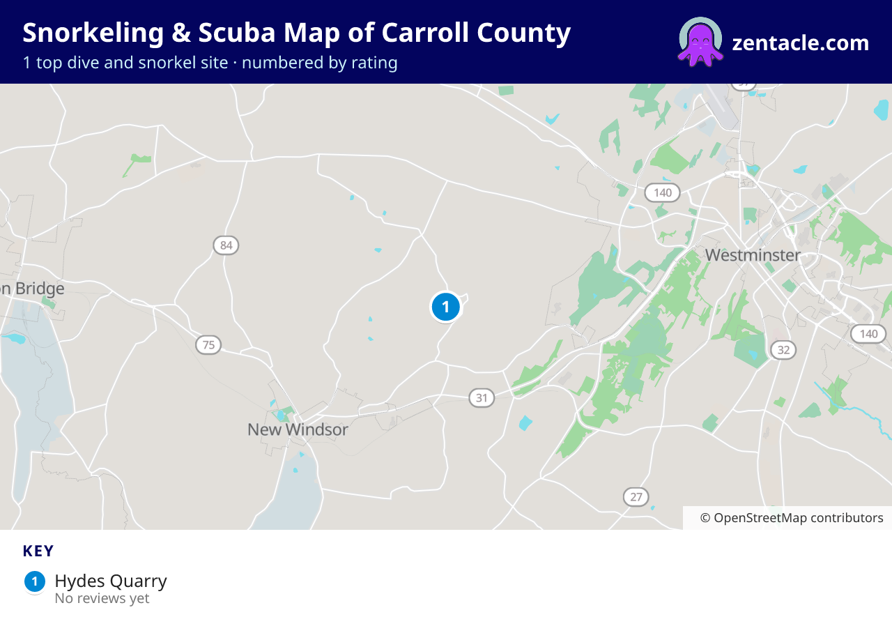 Snorkeling & Scuba Map of Carroll County: numbered map of the top 1 dive and snorkel sites, with ratings