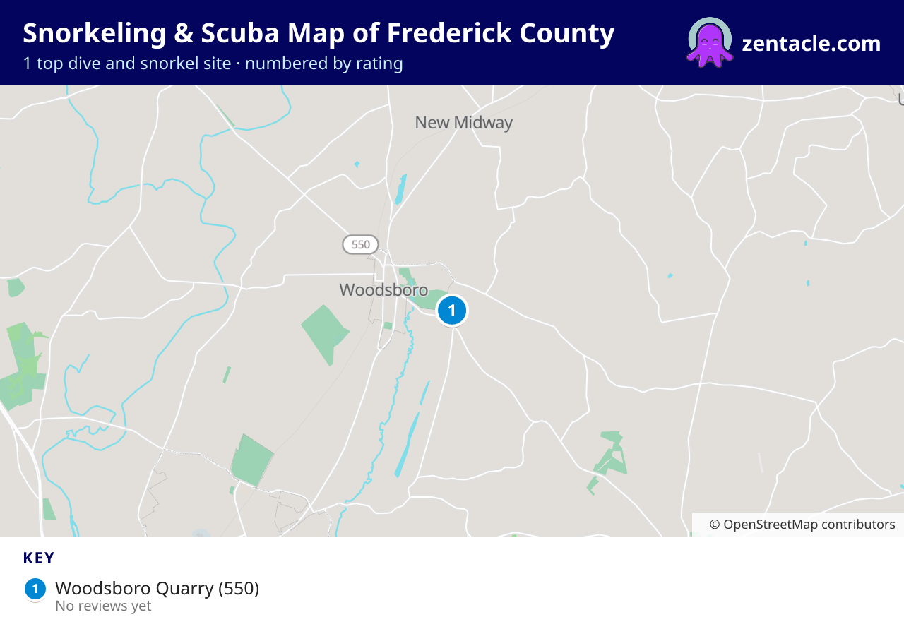 Snorkeling & Scuba Map of Frederick County: numbered map of the top 1 dive and snorkel sites, with ratings