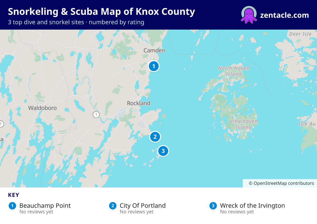 Snorkeling & Scuba Map of Knox County: numbered map of the top 3 dive and snorkel sites, with ratings