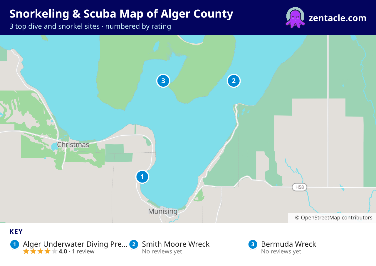 Snorkeling & Scuba Map of Alger County: numbered map of the top 3 dive and snorkel sites, with ratings