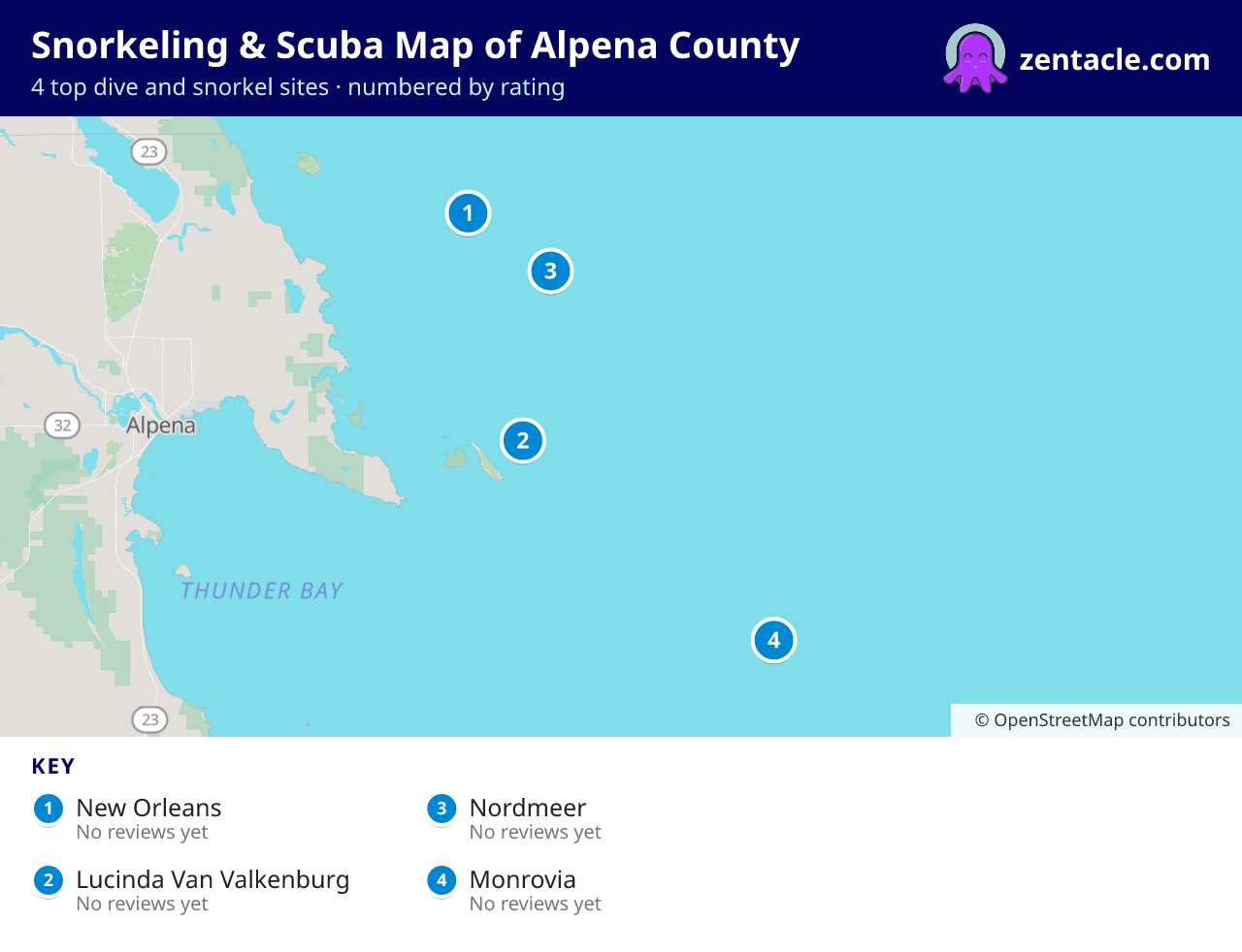 Snorkeling & Scuba Map of Alpena County: numbered map of the top 4 dive and snorkel sites, with ratings