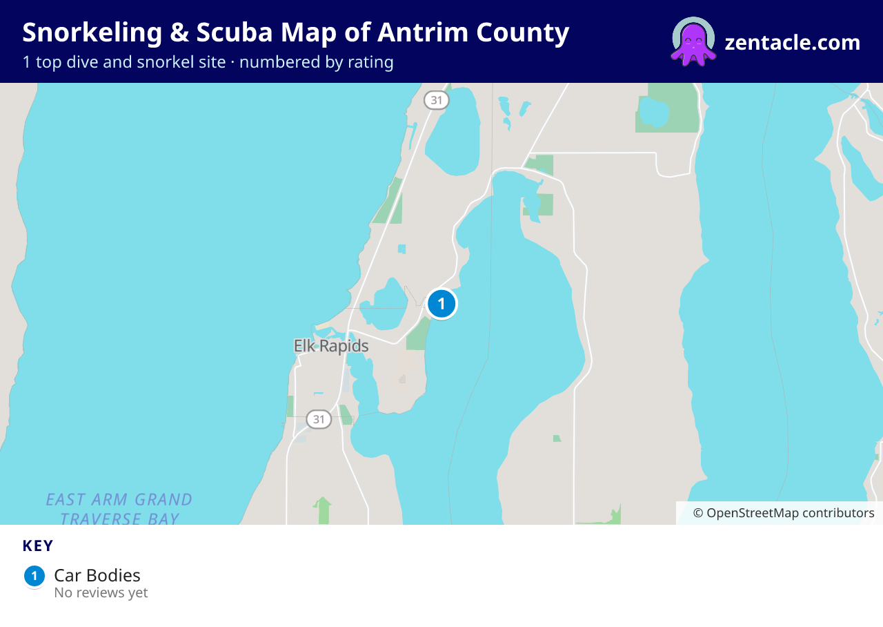 Snorkeling & Scuba Map of Antrim County: numbered map of the top 1 dive and snorkel sites, with ratings