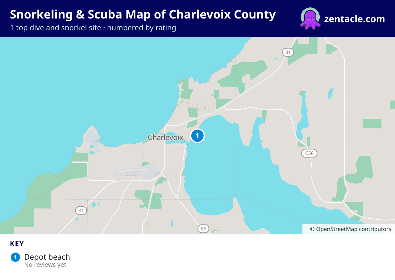Snorkeling & Scuba Map of Charlevoix County: numbered map of the top 1 dive and snorkel sites, with ratings