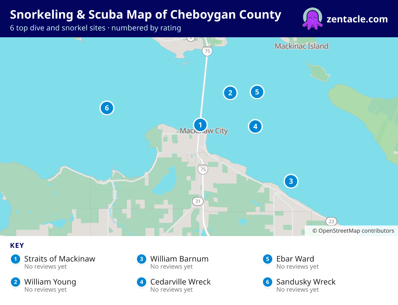 Snorkeling & Scuba Map of Cheboygan County: numbered map of the top 6 dive and snorkel sites, with ratings