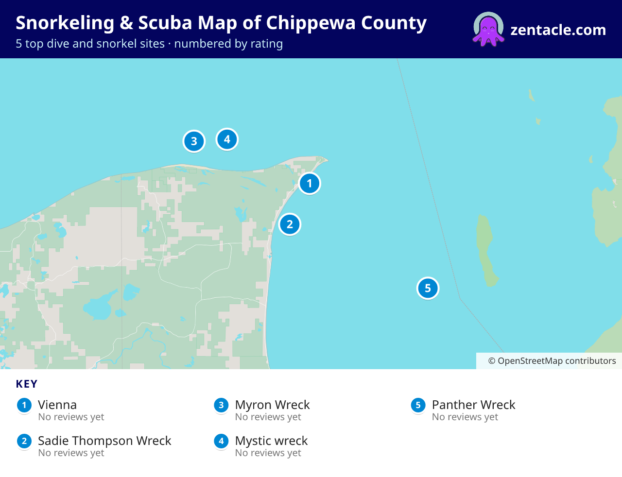 Snorkeling & Scuba Map of Chippewa County: numbered map of the top 5 dive and snorkel sites, with ratings