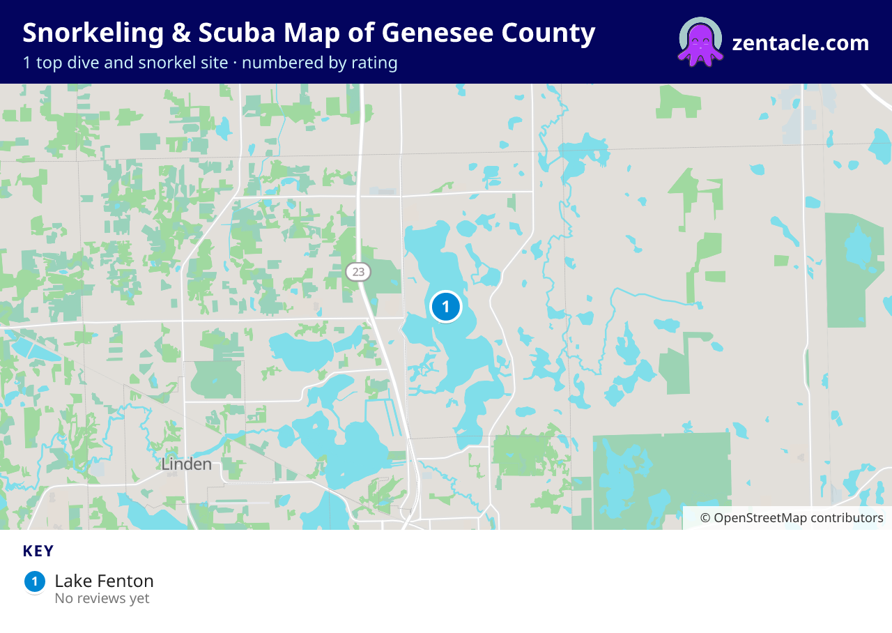 Snorkeling & Scuba Map of Genesee County: numbered map of the top 1 dive and snorkel sites, with ratings