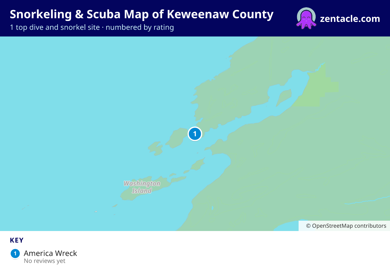 Snorkeling & Scuba Map of Keweenaw County: numbered map of the top 1 dive and snorkel sites, with ratings