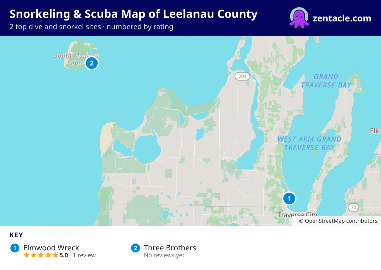 Snorkeling & Scuba Map of Leelanau County: numbered map of the top 2 dive and snorkel sites, with ratings