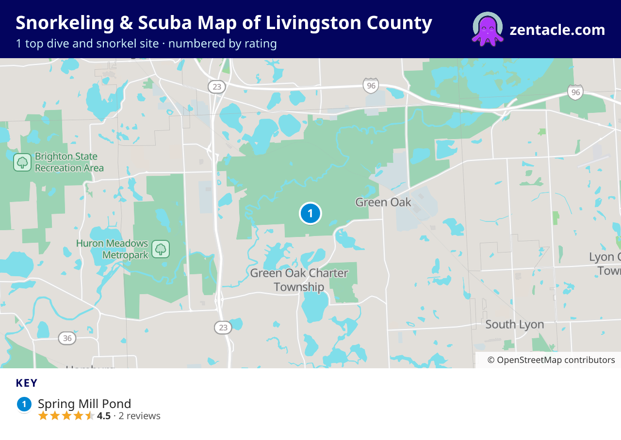 Snorkeling & Scuba Map of Livingston County: numbered map of the top 1 dive and snorkel sites, with ratings
