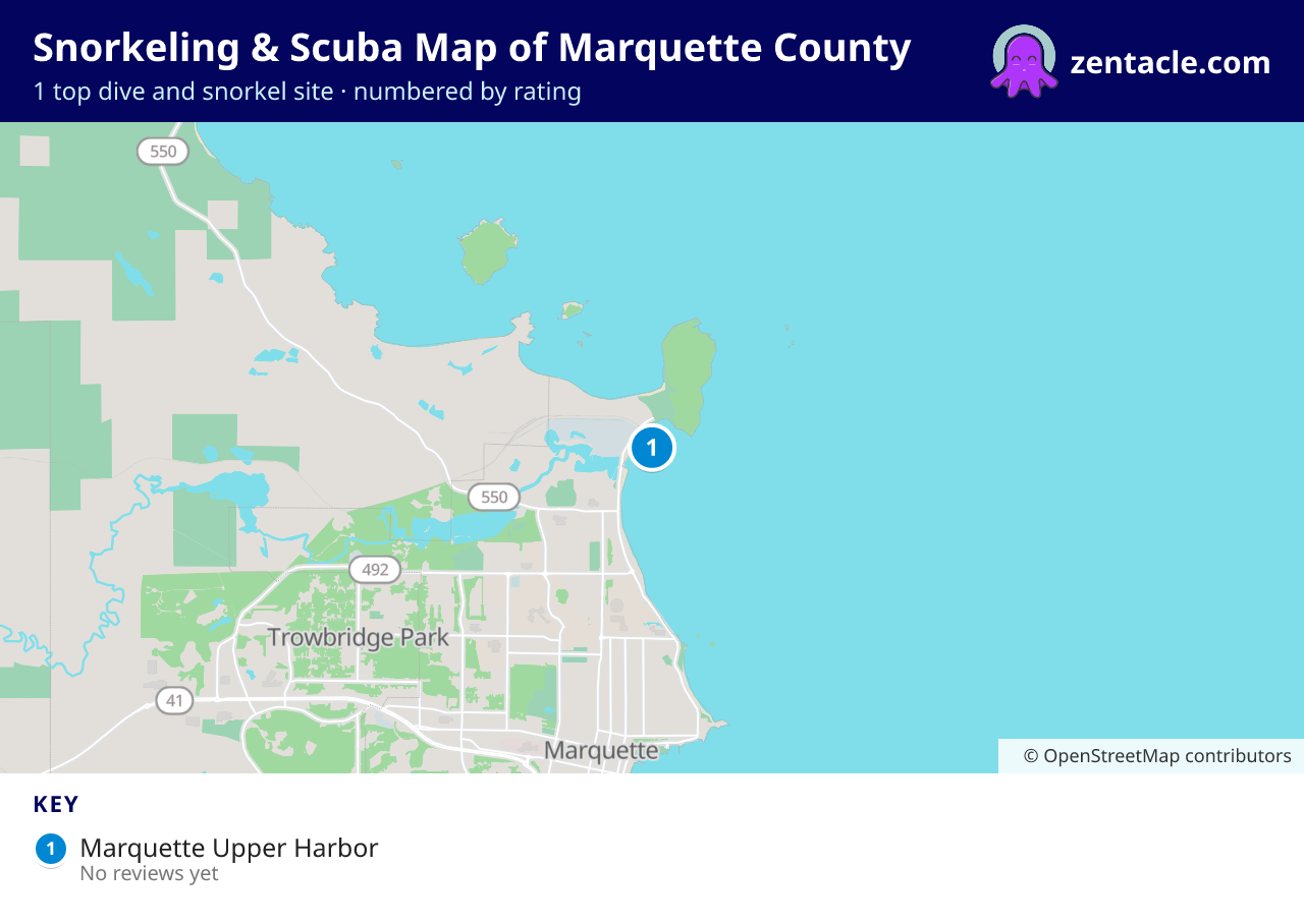 Snorkeling & Scuba Map of Marquette County: numbered map of the top 1 dive and snorkel sites, with ratings