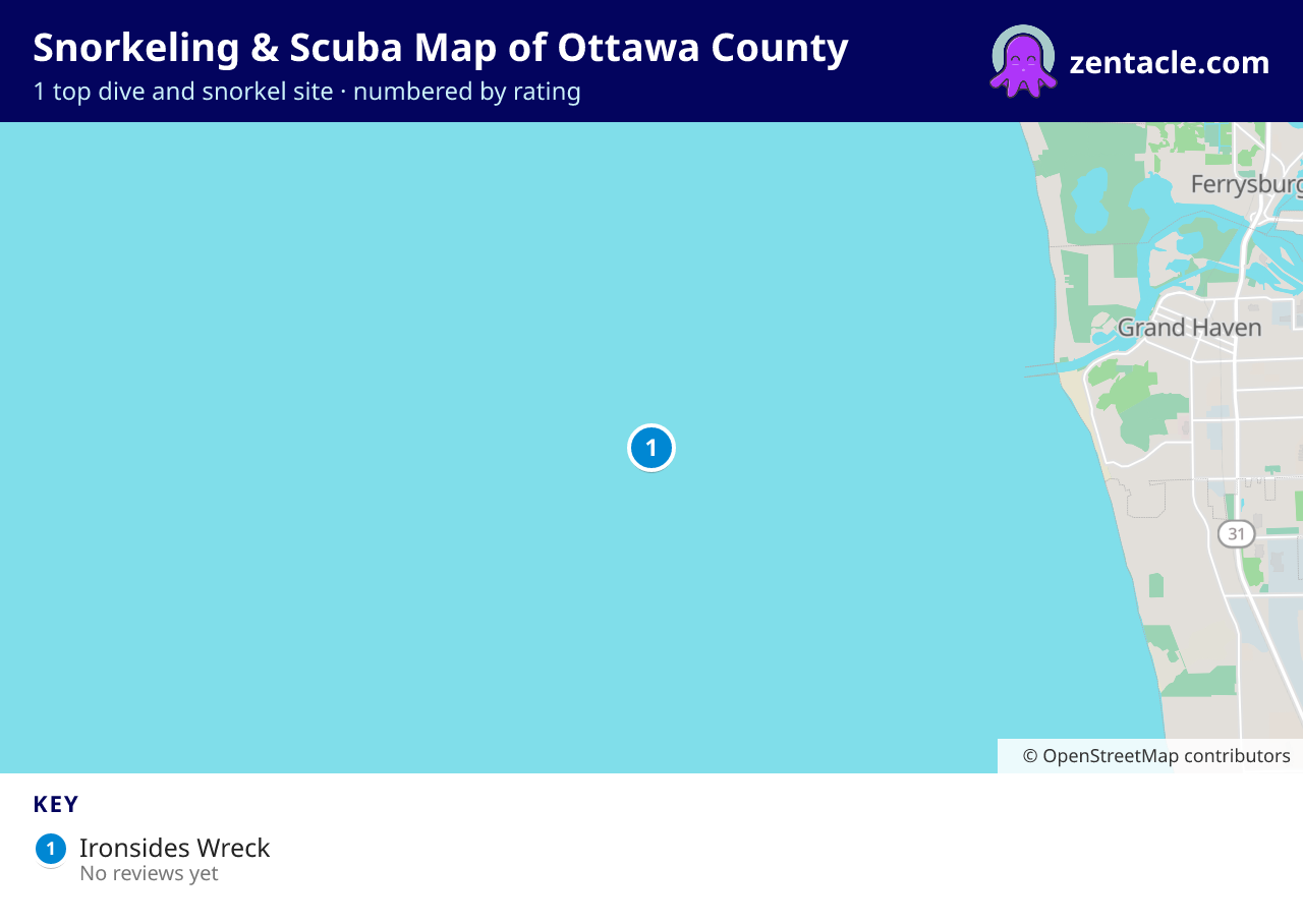 Snorkeling & Scuba Map of Ottawa County: numbered map of the top 1 dive and snorkel sites, with ratings