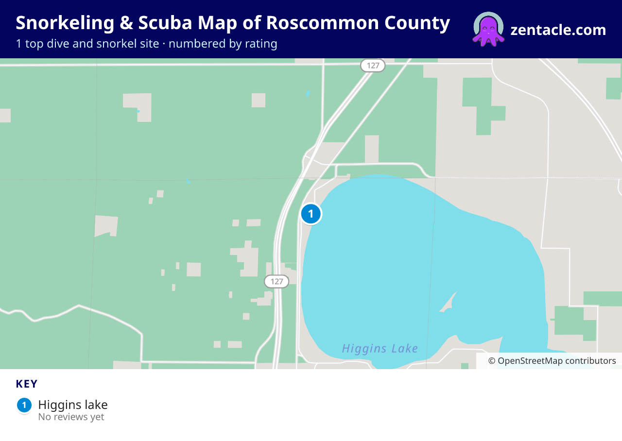 Snorkeling & Scuba Map of Roscommon County: numbered map of the top 1 dive and snorkel sites, with ratings