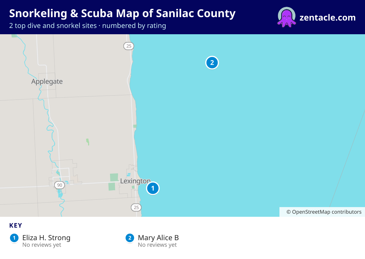 Snorkeling & Scuba Map of Sanilac County: numbered map of the top 2 dive and snorkel sites, with ratings