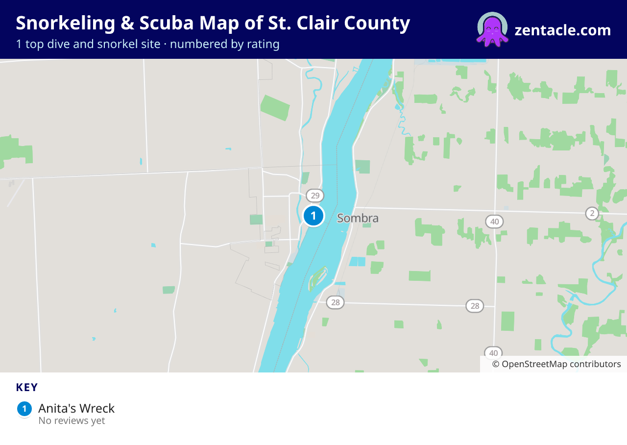 Snorkeling & Scuba Map of St. Clair County: numbered map of the top 1 dive and snorkel sites, with ratings