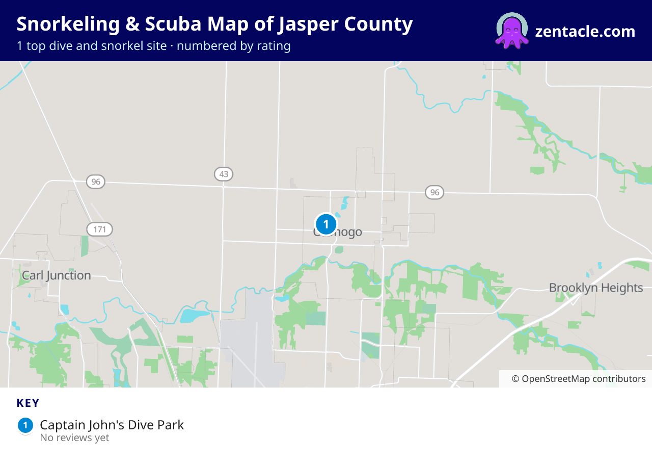 Snorkeling & Scuba Map of Jasper County: numbered map of the top 1 dive and snorkel sites, with ratings