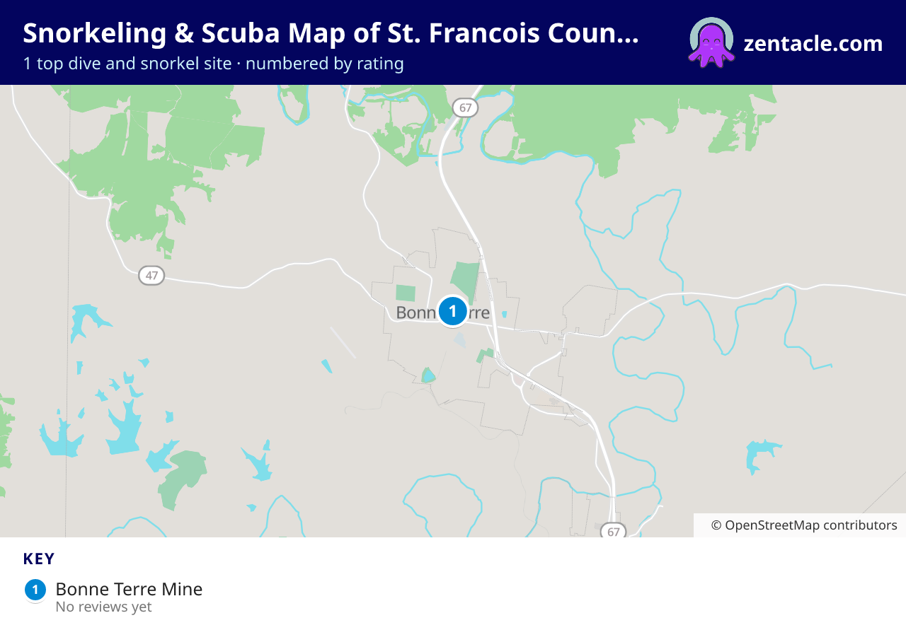Snorkeling & Scuba Map of St. Francois County: numbered map of the top 1 dive and snorkel sites, with ratings
