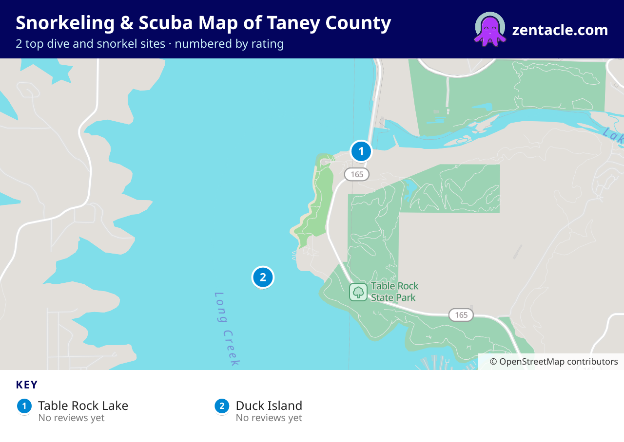 Snorkeling & Scuba Map of Taney County: numbered map of the top 2 dive and snorkel sites, with ratings