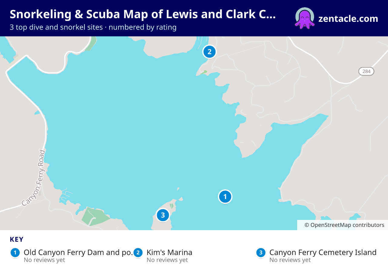 Snorkeling & Scuba Map of Lewis and Clark County: numbered map of the top 3 dive and snorkel sites, with ratings